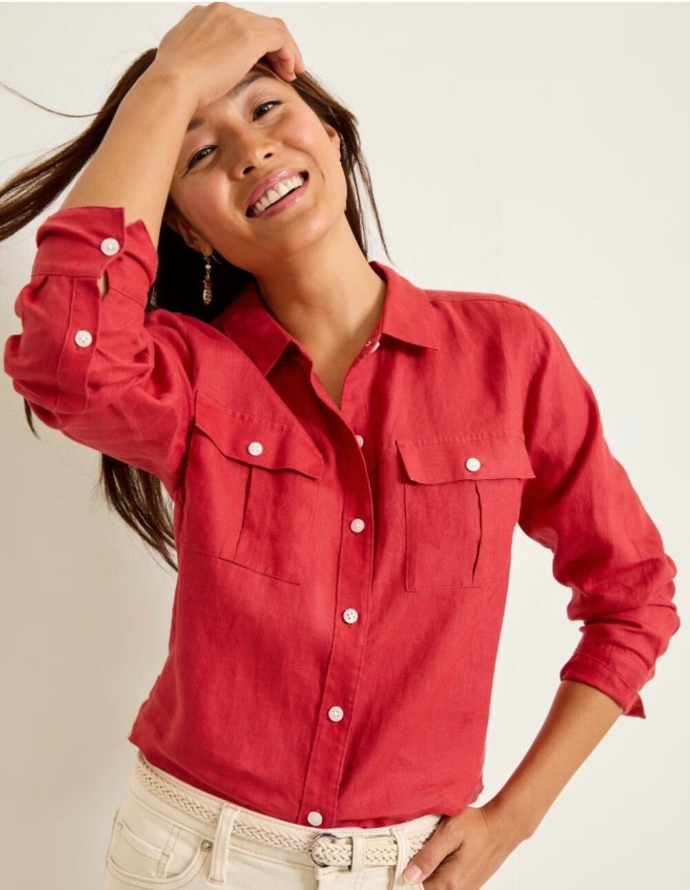 100% Linen womens Utility Med button down blouse Rhumba orange Tommy Bahama